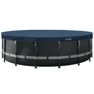   Kerek medencetakaró, Intex Deluxe négyévszakos, csővázas medencéhez, 732 cm átmérő, sötétkék, UV-álló háromrétegű anyag, 20 cm-es túlnyúlással, köteles rögzítéssel (28091)