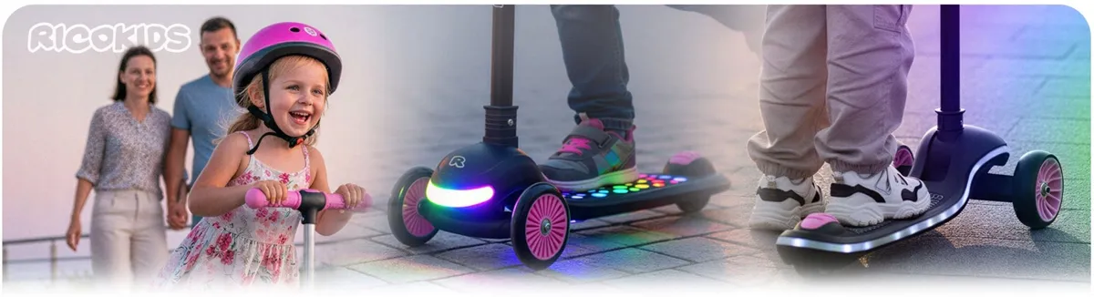 Háromkerekű roller, Ricokids Glowi, fekete/rózsaszín – 1. kép Háromkerekű roller, Ricokids Glowi, fekete/rózsaszín – 1. kép