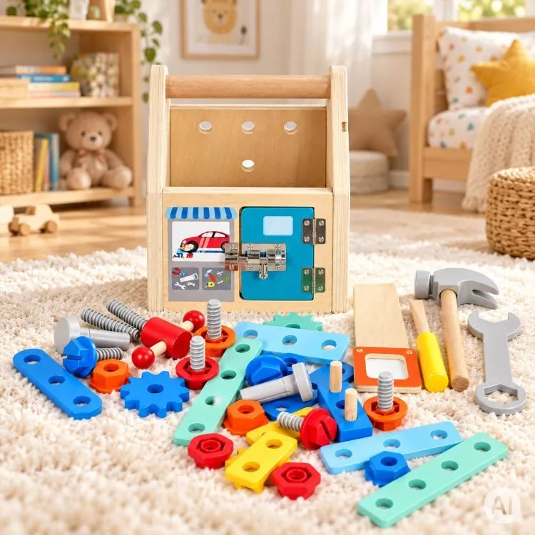 Fa gyerek munkapad, ECOTOYS HM261052, 15 x 16 x 19 cm – 4. kép Kalapács, kulcs és csavarhúzó a készletben
