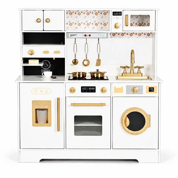 Játékkonyha, ECOTOYS TL106009, fehér – 6. kép Mosogató és nyitható szekrények