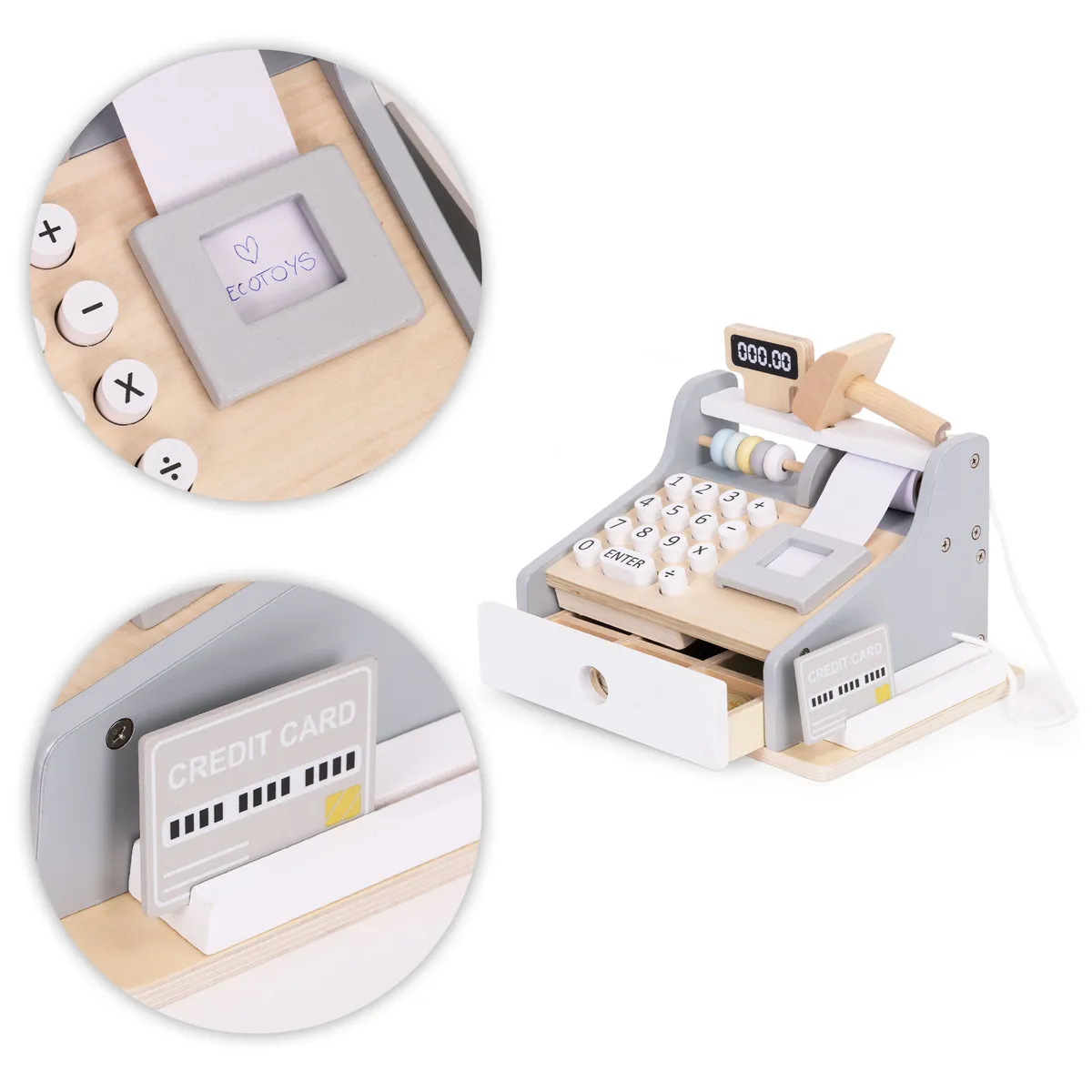 Játék pénztárgép, fa, ECOTOYS HM328241 – 3. kép Fa játék pénztárgép kártyaolvasóval