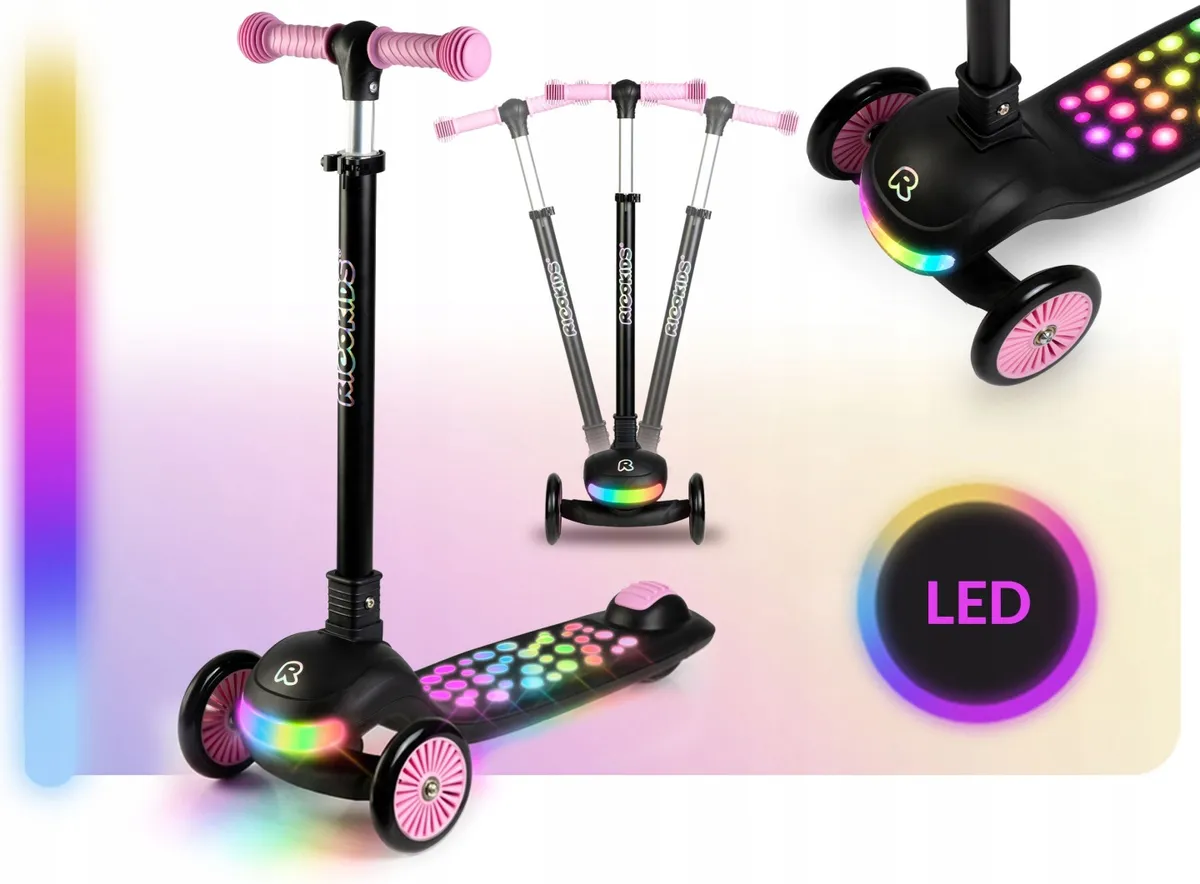 Háromkerekű roller, Ricokids Glowi, fekete/rózsaszín – 2. kép Háromkerekű roller, Ricokids Glowi, fekete/rózsaszín – 2. kép