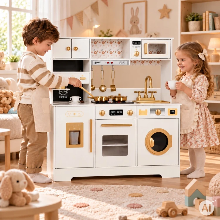 Játékkonyha, ECOTOYS TL106009, fehér – 3. kép A fa gyerekkonyha részletei