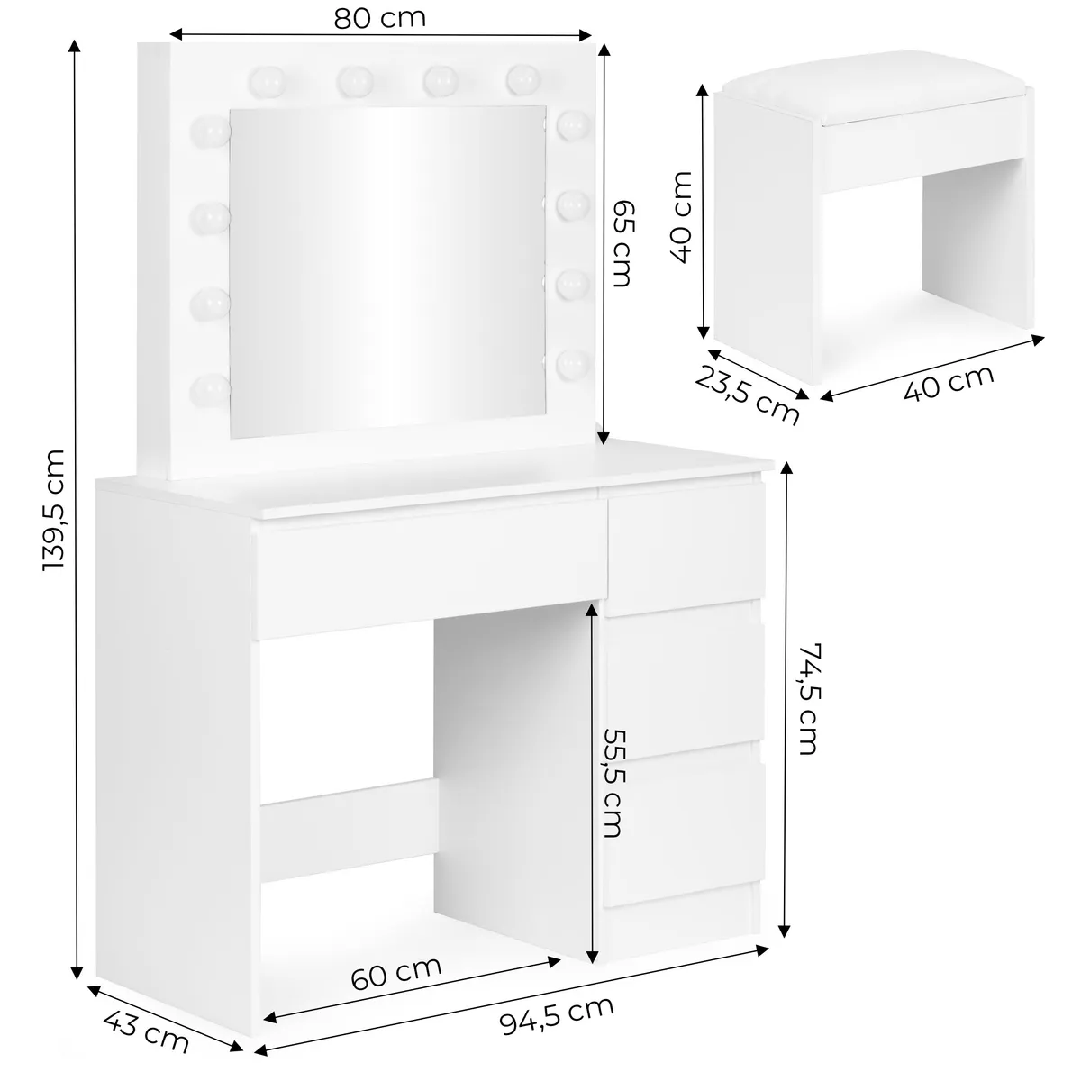 Sminkasztal, ModernHome MRDT09-MW, 94,5 x 43 x 139,5 cm – 4. kép