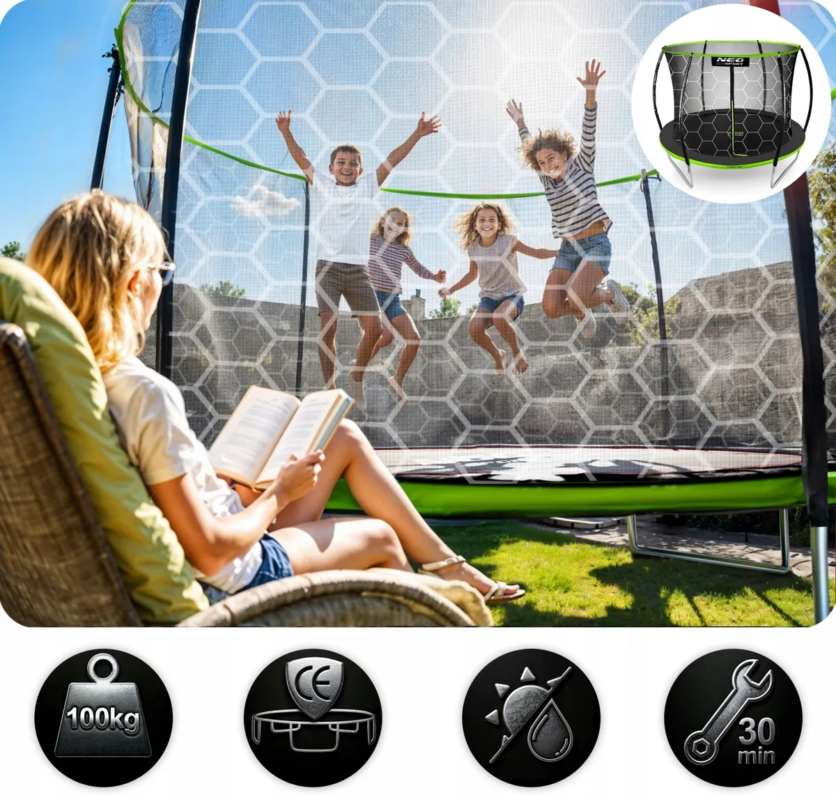 Kerti trambulin, Neo-Sport, fekete/zöld – 12. kép Kerti trambulin, Neo-Sport, fekete/zöld – 12. kép