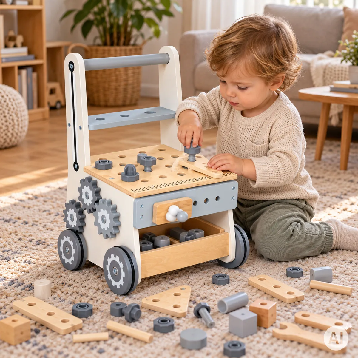 Gyerek munkapad, ECOTOYS HM259825, fa – 2. kép Gyermek játszik a fa munkapaddal