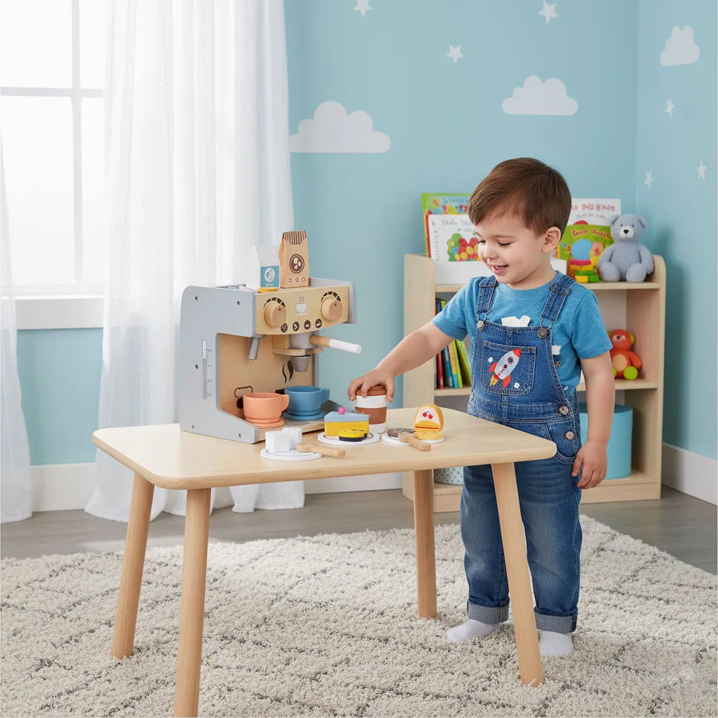 Játék kávéfőző, ECOTOYS HM328245, fa – 2. kép Fa játék kávéfőző kávézóban